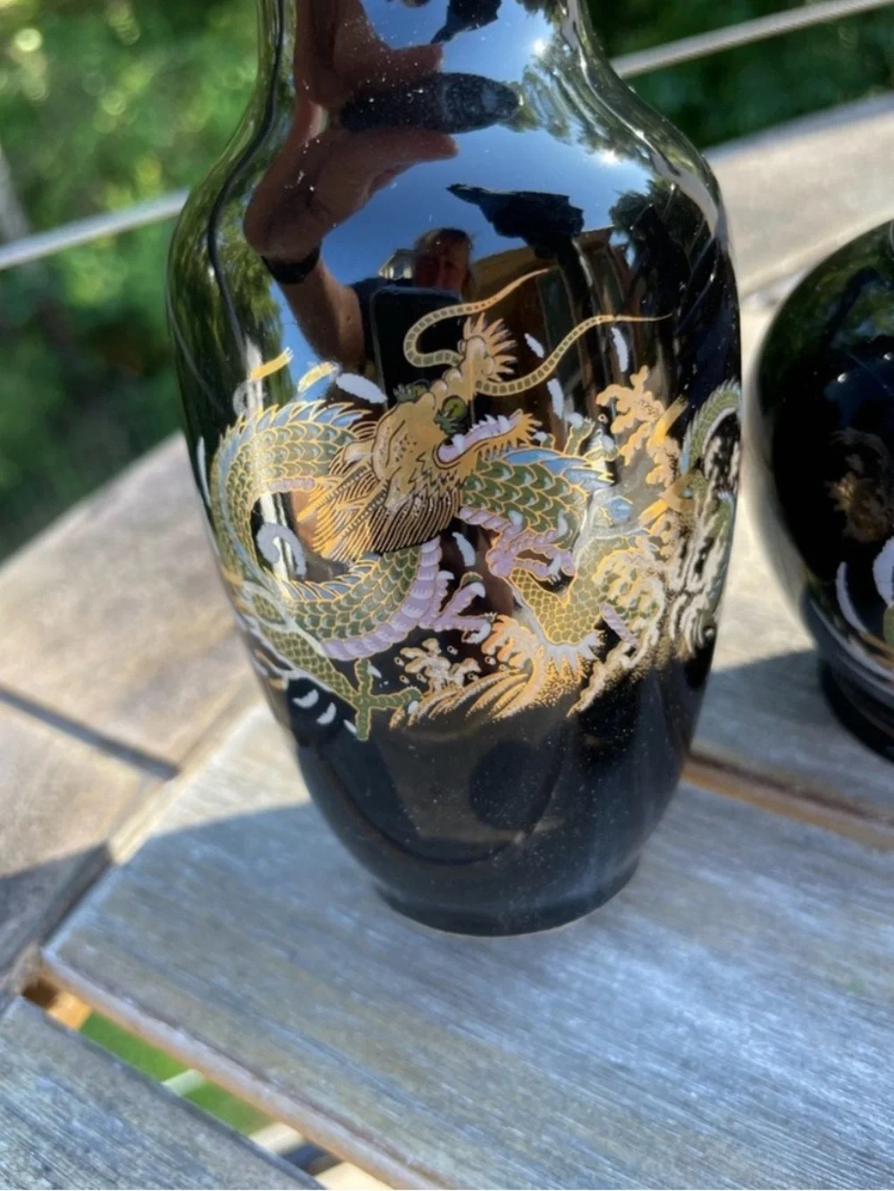 Vintage 3-Pc Black Gold Dragon Ceramic Vases & Ginger Jar⁠